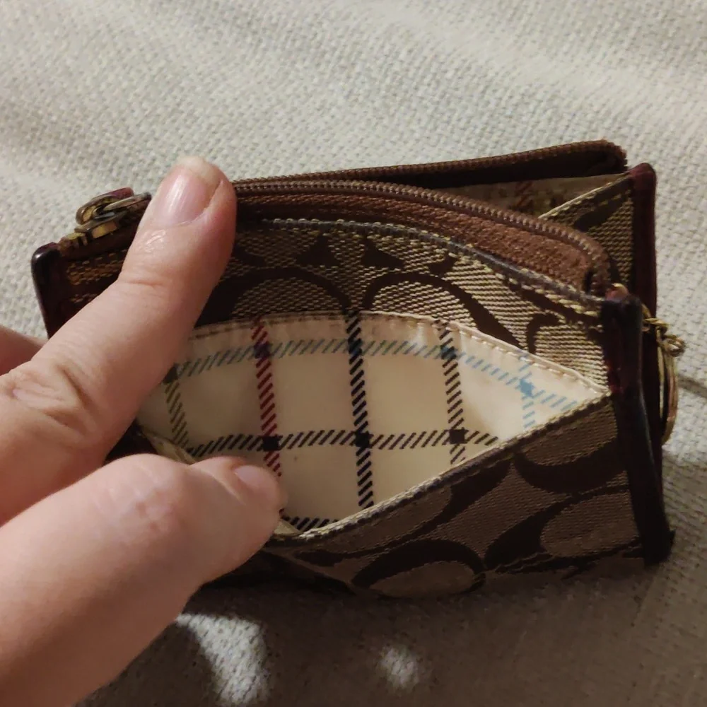 Coach Vintage Tan and Brown Signature Jacquard Card Holder Keychain Pouch